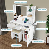 QUALIKRAFT Widescreen Vanity Set with LED Mirror & Stool, Makeup Desk with Built-in Power Outlet, 2 Drawers & 6 Shelves, Wide Lighted Dressing Table QUALIKRAFT