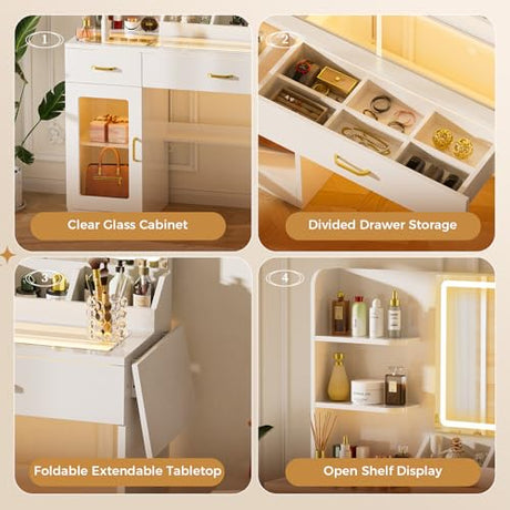 COMHOMA Vanity Desk with Mirror and Lights, Makeup Vanity with 3-Color LED, Transparent Top and RGB Drawers, White Desk with Open Shelves and Glass Cabinet, Built-in Power Outlet & Foldable Tabletop COMHOMA