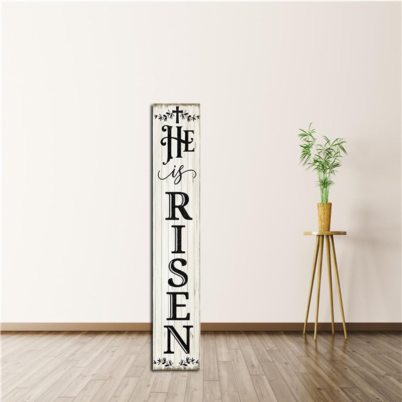 Houseuse He Is Risen Porch Sign 8x48" Easter Decorations Religious Easter Cross Decor Hanging Farmhouse Wooden Jesus Spring Vertical Wooden Sign Home Front Door Wall Spring Decor, CTXS2312230X06Q Houseuse