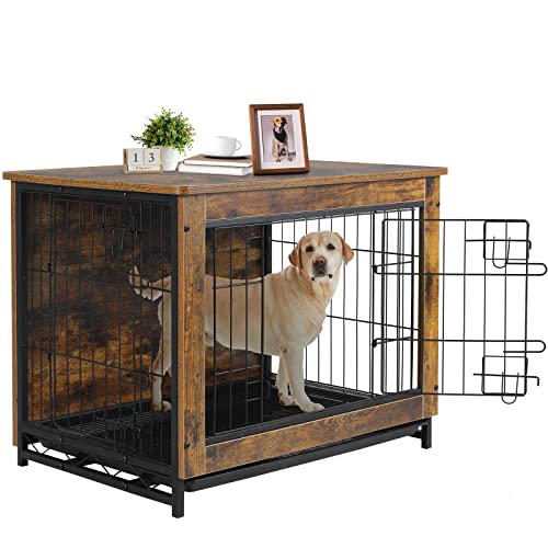 TLSUNNY Dog Crate Furniture, 38.6" Wooden Side End Table, Modern Dog Kennel with Double Doors, Heavy-Duty Dog Cage with Pull-Out Removable Tray,