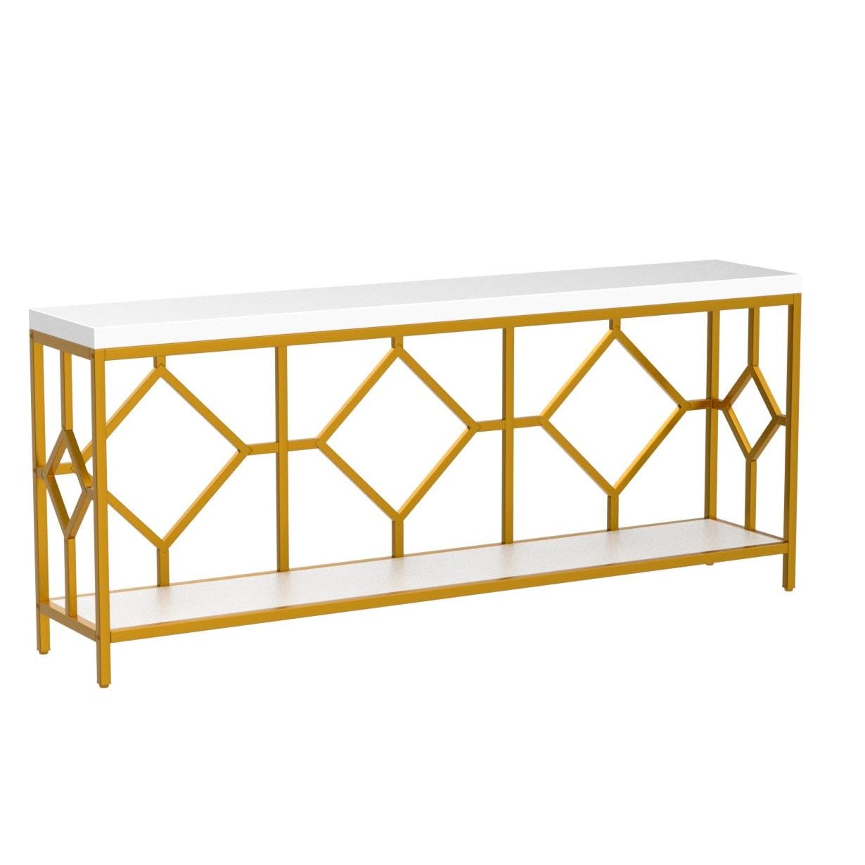 Extra-Long White and Gold Sofa Table with Open Storage Shelf by Tribesigns