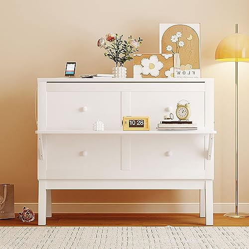 Jintop Murphy Bed Full Szie,Cabinet Hideaway Bed with USB Port and Removable Shelves,Wall Bed W/ 2 Movable Desks,can be Folded,Platform Bedframe for Kids Bedroom,Student Dorms,White Jintop