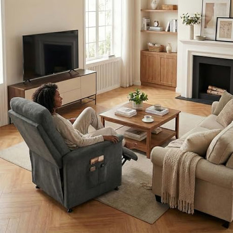 LegacyAmerhome Power Recliner Chair for Adults with Heat & Massage - Soft Fabric Electric Reclining Sofa with Remote Control, 180° Lay Sleeper 3 Side Pockets for Living Room Home Theater, Dark Grey LegacyAmerhome