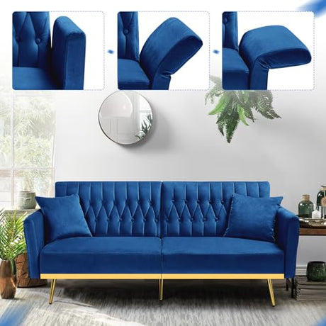 ACMEASE 70” Velvet Futon Sofa Bed w/Adjustable Armrests and Backrest, Convertible Futon Couch w/2 Pillows, Modern Sleeper Bed for Living Room, Bedroom, Blue ACMEASE