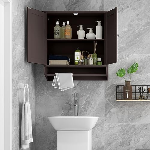 Tangkula Bathroom Cabinet Wall Mounted, Bathroom Medicine Cabinet with Bar&Double Door&Adjustable Shelf, Over The Toilet Storage Cabinet, Hanging Cabinet for Bathroom Laundry Kitchen (Brown) Tangkula