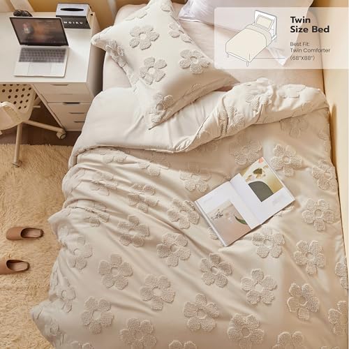 Joiedomi Tufted Twin Comforter Set, 2 Pieces Beige Boho Twin Bedding Set with 1 Boho Flower Comforter and 1 Pillow Sham, Bed in a Bag for All Seasons Joiedomi