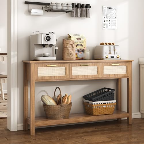 ELYKEN 51.2" Entryway Table with 3 Rattan Drawers, Boho Console Table Narrow with Storage, Long Sofa Table for Behind Couch Entry Hallway, Entrance, Living Room, Oak Brown ELYKEN