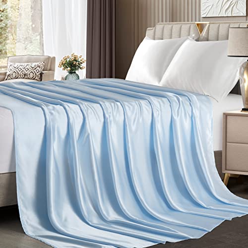 Counfeisly Satin Twin Flat Sheet, Luxury and Silky Soft Bed Top Sheet Only, Baby Blue Counfeisly