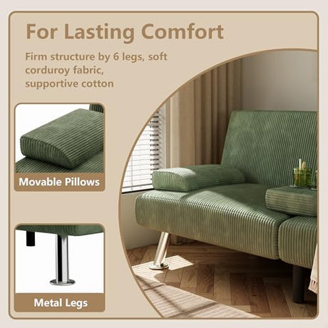 Flamaker Futon Sofa Bed Corduroy Folding Couch Adjustable Sleeper Sofa Bed for Small Apartment Upholstered Living Room Furniture Set with 2 Cup Holders Removable Armrests (Corduroy, Green) Flamaker