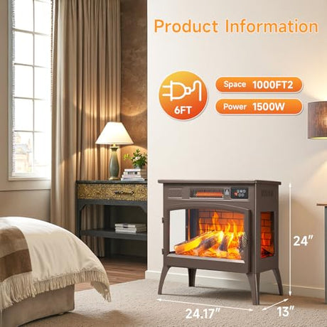 24″ Freestanding Electric Fireplace Stove with 3D Flame Effect and 6 Flame Color, 1000/1500W Infrared Fireplace Stove, 5200 BTU Electric Fireplace Heater with Remote and Timer for Indoor, Brown ONBRILL
