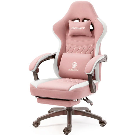 Dowinx Gaming Chair Breathable Fabric Computer Chair with Pocket Spring Cushion, Comfortable Office Chair with Gel Pad and Storage Bag,Massage Game Chair with Footrest,Pink Dowinx