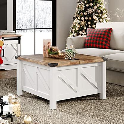 WAMPAT Modern Farmhouse Coffee Table, Square Wood Center Table with Gas Struts Lift-Top for Extra Large Hidden Storage, Metal Bracket Corner, Z-Shaped, White