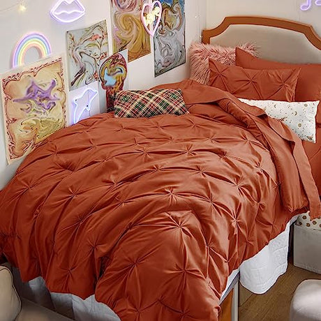 Bedsure Twin Comforter Sets - 5 Pieces Pintuck Bedding Sets Twin Size, Pinch Pleat Burnt Orange Bed in a Bag Twin with Comforter, Sheets, Pillowcase & Sham Bedsure