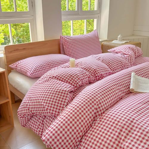 NSNLGSGC Red Gingham Grid Duvet Cover Set Twin, 100% Washed Cotton Plaid Comforter Cover Set,Ultra-Soft & Lightweight Cottage Bedding Set(2PCS, Twin) NSNLGSGC
