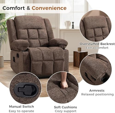 HAOMARKETS Manual Recliners with Massage and Heat for Adults, Breathable Fabric Recliner Chair with 2 Cup Holders & Side Pockets, Overstuffed Heavy Duty Reclining Sofa for Living Room, Brown HAOMARKETS