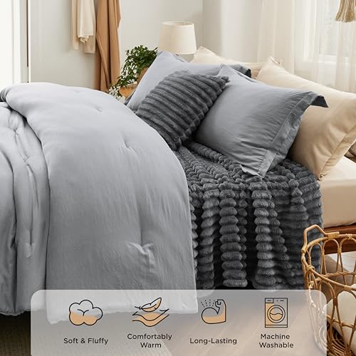Bedsure Full Comforter Set 5 Pieces - Bed in a Bag with Fleece Throw Blanket and Decorative Pillow, Lightweight Bedding Comforter Sets, All Season Bedding, Dark Grey Bedsure