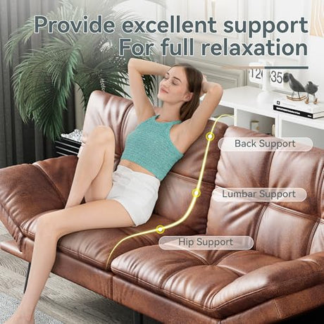 AMICLIBER Futon Sofa Bed Convertible Couch, Brown Faux Leather Sofa Bed with Memory Foam, Adjustable Backrest & Armrests, Multifunctional Small Loveseat Sleeper Sofa for Living Room, Apartment, Office AMICLIBER