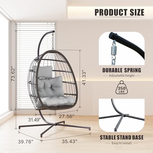 HWB Hanging Egg Chair with Stand, Swing Hammock Chair with Cushion for Indoor Outdoor, Patio Wicker Egg Swing Chair for Balcony Furniture, Light Gray HWB