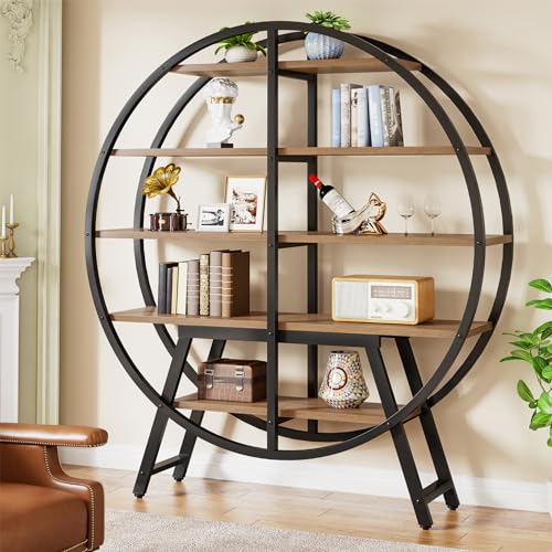 Tribesigns 67-Inch Industrial Round Etagere Bookshelf - 5-Tier Oak and Metal Display Stand Tribesigns