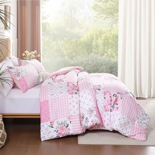 YIKUSH Queen Comforter Set - Pink Spring Floral Comforter Queen Size Patchwork Flower Cozy Bedding Set 3 Pieces for All Season, Cute Pattern 1 Comforter (90"x90") and 2 Pillow Shams (20"x26") YIKUSH