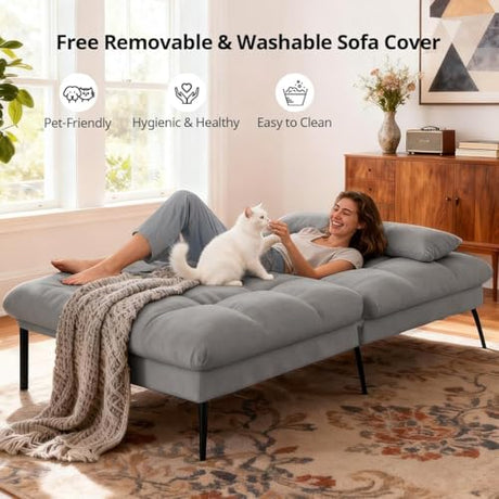 COMHOMA Convertible Futon Sofa Bed, 72″Fabric Futons Couch with Adjustable Backrest, Folding Sleeper Recliner for Living Room Furniture (Dark Grey) COMHOMA