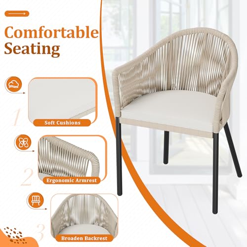 Devoko Patio Furniture Set 3 Pieces Rope Woven Bistro Set Outdoor Conversation Set with 2 Wide Chairs,Cushions and Tempered Glass Table for Balcony Porch Backyard Garden Poolside Devoko