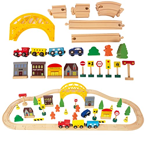 60Pcs Train Set for 3 Year Old Boys, Double-Side Wooden Train Set Tracks for Toddlers, Fits Brio, Thomas, Melissa and Doug, Kids Wood Train Toys for 3 4 5 Year Old Boys and Girls (Yellow) - WoodArtSupply