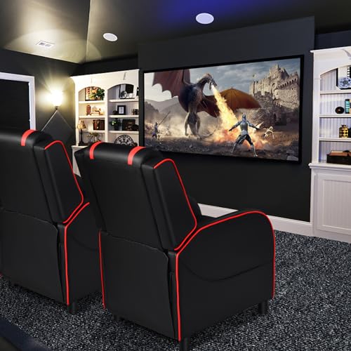 GYMAX Gaming Recliner, Massage Gaming Chair with Adjustable Footrest, Remote Control & Side Pocket, Ergonomic Game Lounge Chair, Racing Style Single Theater Seat Game Sofa for Adults (Red)