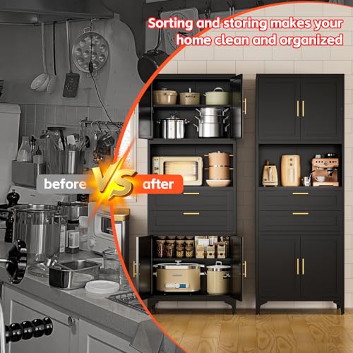 FogQueen 75" Tall Metal Storage Cabinet,Pantry Storage Cabinet with 2 Drawers and Open Space,Kitchen Cupboard with Adjustable Shelves,Multi-Functional Cabinet for Living Room,Bathroom,Garage (Black) FogQueen