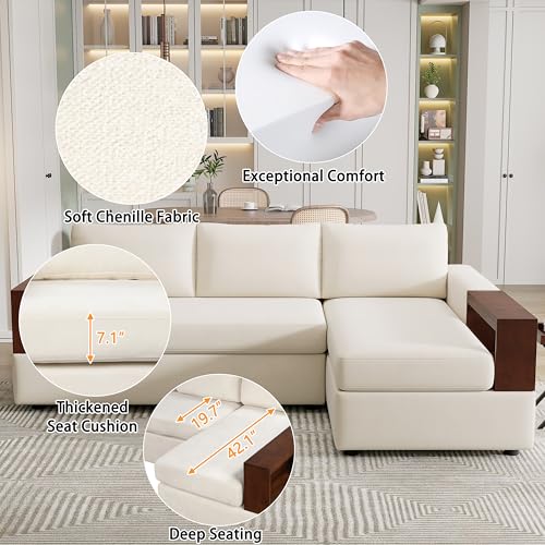 Christopher Knight Home Davinz 87.4" L-Shaped Sectional Sofa, Chenille 3 Seater Couch, Sectional Couches with Chaise Lounge, Upholstered Sofa Couch with Reversible Armrests for Living Room, Beige Christopher Knight Home