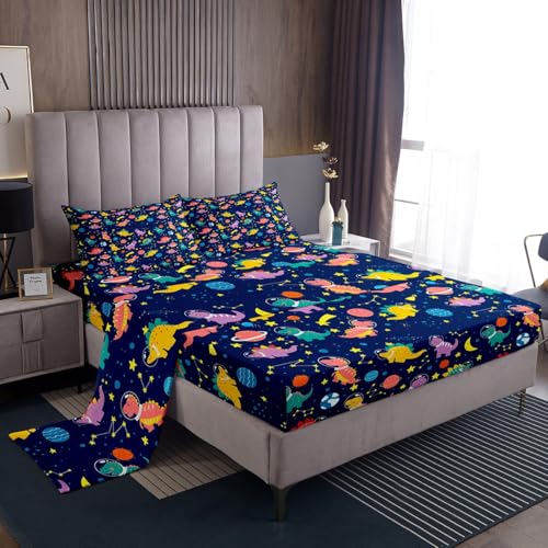 Erosebridal Boys Cartoon Dinosaur Bed Sheets,Kids Cute Dino Sheet Set,Girly Funny Dinosaur Astronaut Bedding Set Home Room Decor,Galaxy Space Stars Fitted Sheet + Flat Sheet + 2 Pillowcases,King Erosebridal
