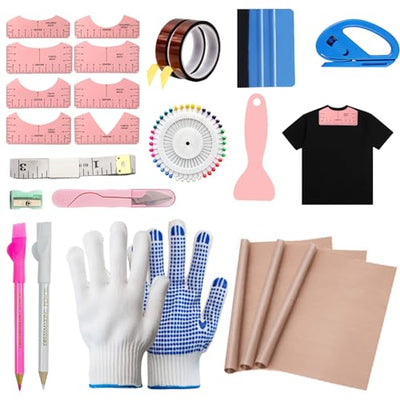 Sublimation Shirt Tool Kits, 8 T Shirt rulers, 3 Pack Teflon Sheet for Heat Press 12 x 16in, Heat Resistant Gloves with Silicone Bumps, 2 Rolls Heat Resistant Tape