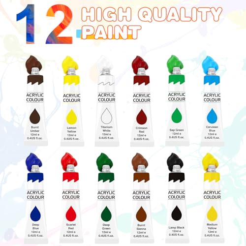 ESRICH 26PCS Acrylic Paint Set with 12Colors Acrylic Paints (12ml, 0.4 oz), 10 Paint Brushes, 2Canvas, 1 Wood Easel, 1 Plate, Painting Supplies Kits for Kids, Adults, Artists and Beginners - WoodArtSupply