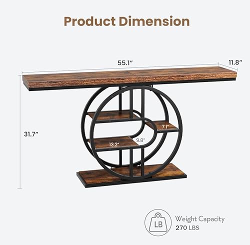 55" Industrial Narrow Entryway Table with 5-Tier Storage - Heavy-Duty o-Shaped Metal Frame Console Table for Hallway, Living Room & Couch Behind, Space-Saving Long Entrance Table for Small Spaces IDEALHOUSE