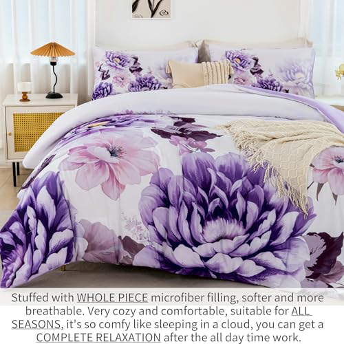 RYNGHIPY Purple Floral Comforter Set: Lightweight Soft Bedding Comforter Sets for All Season - Farmhouse Flower Bedding Set Full Size (Purple,Full Size) RYNGHIPY