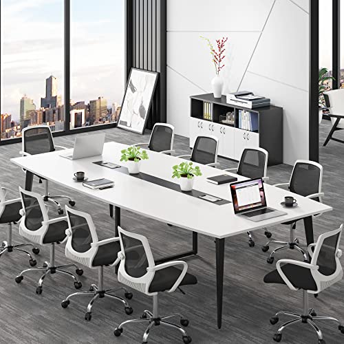 LITTLE TREE 8FT Conference Room Table, 94.48L x 47.21W x 29.52H Boat Shaped Meeting Table, White&Black - WoodArtSupply