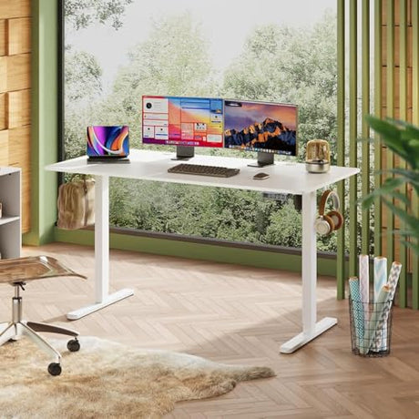 DEVAISE 55 x 28 Inch Electric Standing Desk, One-Piece Desktop Seamless Adjustable Height Table, Sit to Stand Desk with Adjustable Height, 3 Preset Memory Sit Stand up Desk for Home, Office (White) DEVAISE