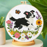 Zhenqing Collie Dog Cross Stitch Kit with Floral Garden, 11CT Printed 24x24cm, Beginner Embroidery Set Including 20cm Hoop(70795)