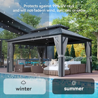 Aoxun 12FT X 16FT Hardtop Gazebo, Outdoor Pergolas with Mosquito Netting and Curtains, Galvanized Steel Double Roof Permanent Aluminum Gazebo, for Gardens, Decks, Patios, Parties