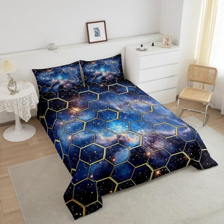 Abstract Honeycomb Kids Comforter Set Twin Size,Glitter Stars Galaxy Outer Space Bedding Set,Boys Girls Room Decor,Geometric Minimalist Hexagon Down Comforter,Blue Duvet Insert,1 Pillowcase Manfei