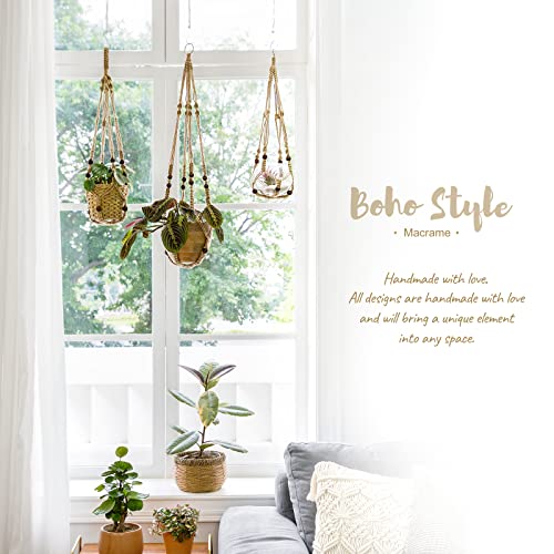 Mkono Macrame Plant Hanger Indoor Jute Hanging Planter Basket with Wood Beads Decorative Flower Pot Holder No Tassels for Indoor Outdoor Boho Home Decor 35 Inch, Brown, Set of 1 (POTS NOT Included) Mkono