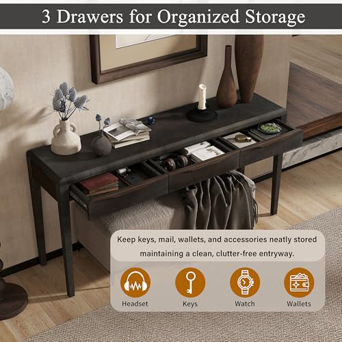 Merax 59.84'' Elegant Console Table with Oak Veneer,Light Luxury Entryway Table with 3 Drawers,Farmhouse Sofa Table with Soft-Corner Design,Suitable for Living Room, Foyer and Hallway, Black Merax