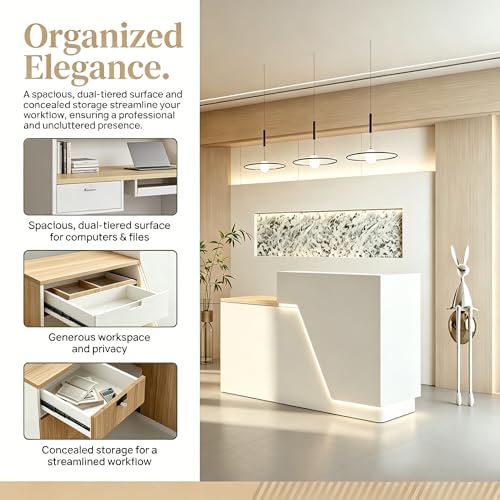 ansespl L Shaped Reception Desk with Counter,63/71inch Reception Room Table with Lockable Drawers & Keyboard Tray, for Office, Salon, Hotel & Clinic