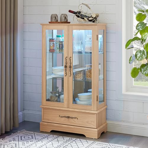 VeroFree Lighted Glass Curio Display Cabinet with Adjustable Shelves – 2 Doors, 1 Drawer, Led Lights, Elegant Light Oak Finish for & Office Decor (1 Drawers + 2 Doors + 1 Shelves) VeroFree