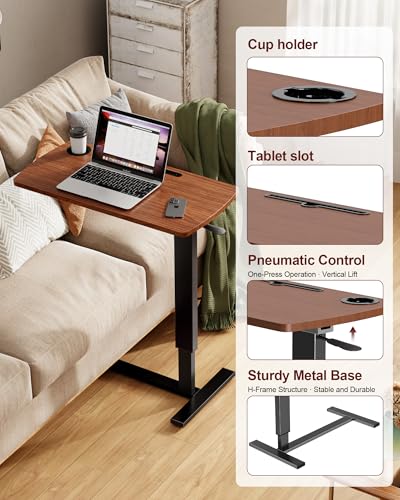 Hovadova Foldable Overbed Table with Wheels, Pneumatic Adjustable Overbed Bedside Table, Mobile Standing Desk, Hospital Bed Tables Over The Bed, Rolling Laptop Desk with Casters for Home Office Hovadova