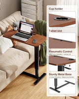 Hovadova Foldable Overbed Table with Wheels, Pneumatic Adjustable Overbed Bedside Table, Mobile Standing Desk, Hospital Bed Tables Over The Bed, Rolling Laptop Desk with Casters for Home Office Hovadova