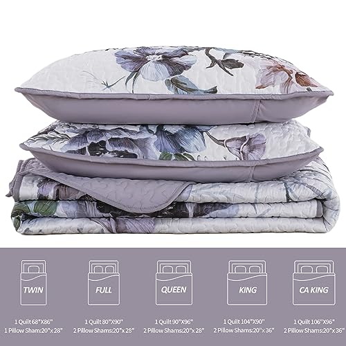 Drucon Purple Floral Quilt Set King Size 3 Pieces Purple Botanical Flower Quilt Coverlet Set Soft Microfiber Lightweight Quilted Bedspread for All Season 104"x90" Drucon
