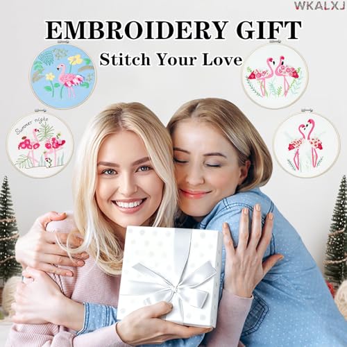 WKALXJ 4 Sets Embroidery Kits for Beginners to Advanced, Cross Stitch Kits Needlepoint Kits Crafts for Adults, Needle Point Kits with Flamingo Plant Pattern(Advanced Flamingo)
