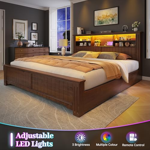 EnHomee King Size Bed Frame with 4 Storage Drawers, King Bed Frame and Headboard with LED Lights & Charging Ports,No Box Spring Needed,NO Noise,Wooden,Brown EnHomee