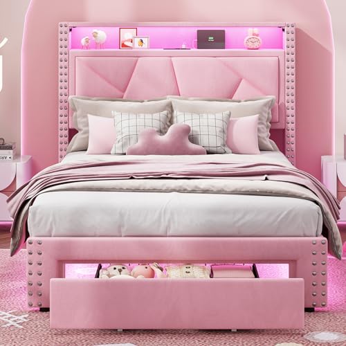 MSmask Twin Bed Frames with LED Lights, Storage Headboard with Charging Station, Drawers, Upholstered Bed Twin Size with Solid Wood Slat, No Box Spring Needed, Easy Assembly, Pink MSmask